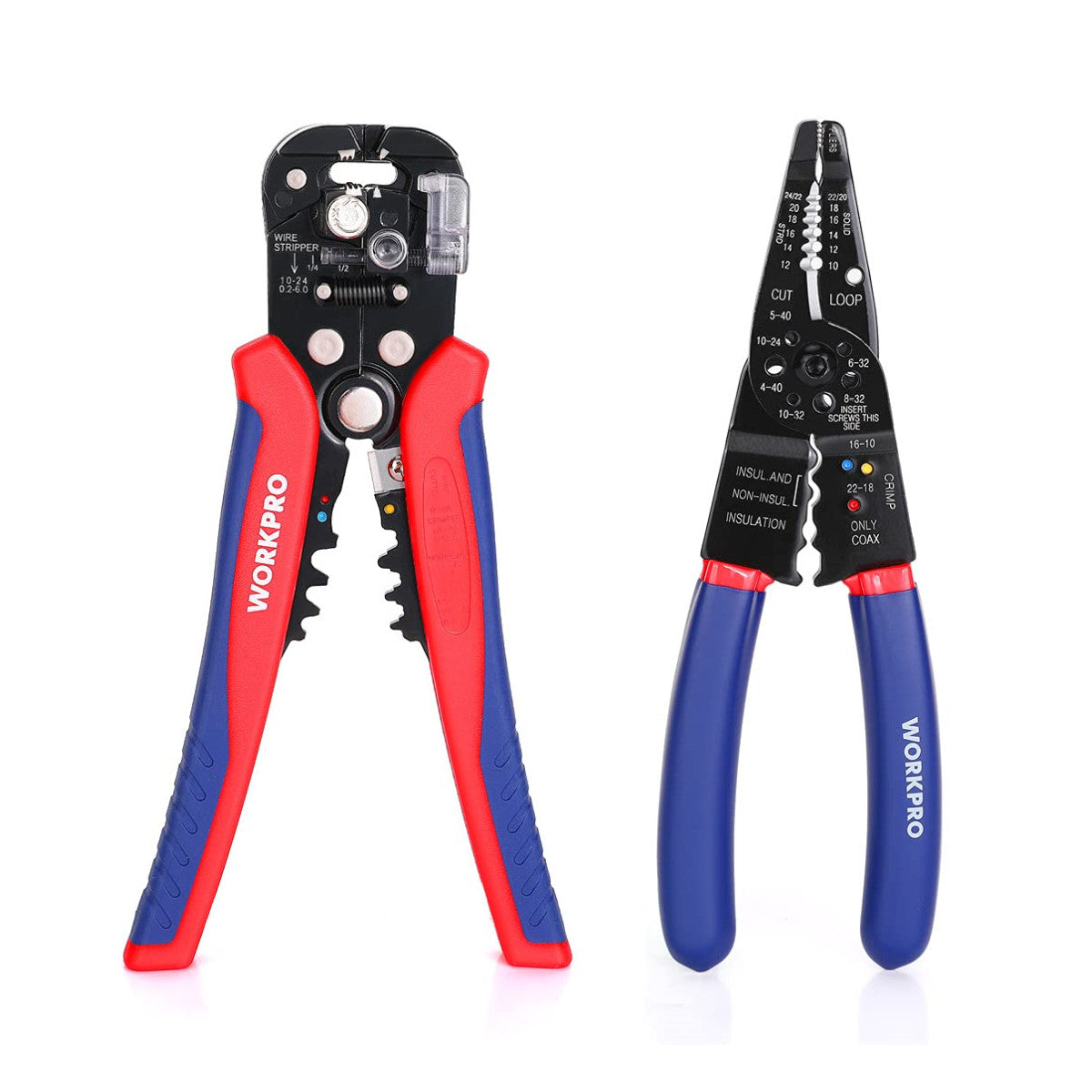 Wire stripper set with red and blue handles, black heads with wire gauge markings