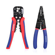 Wire stripper set with red and blue handles, black heads with wire gauge markings