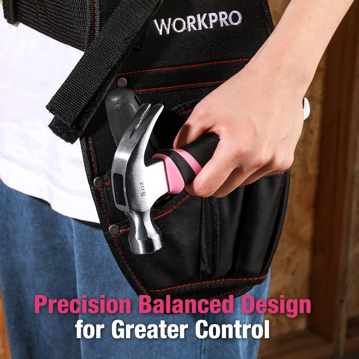 Claw hammer in a belt pouch: silver head, black handle with pink trim.
