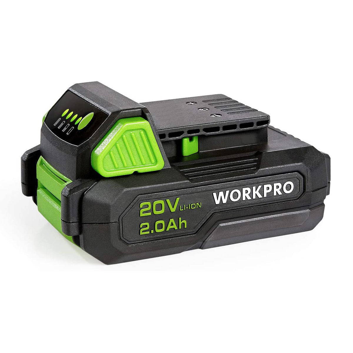 WORKPRO 20V 2.0Ah lithium-ion battery pack, green indicator and vented contacts