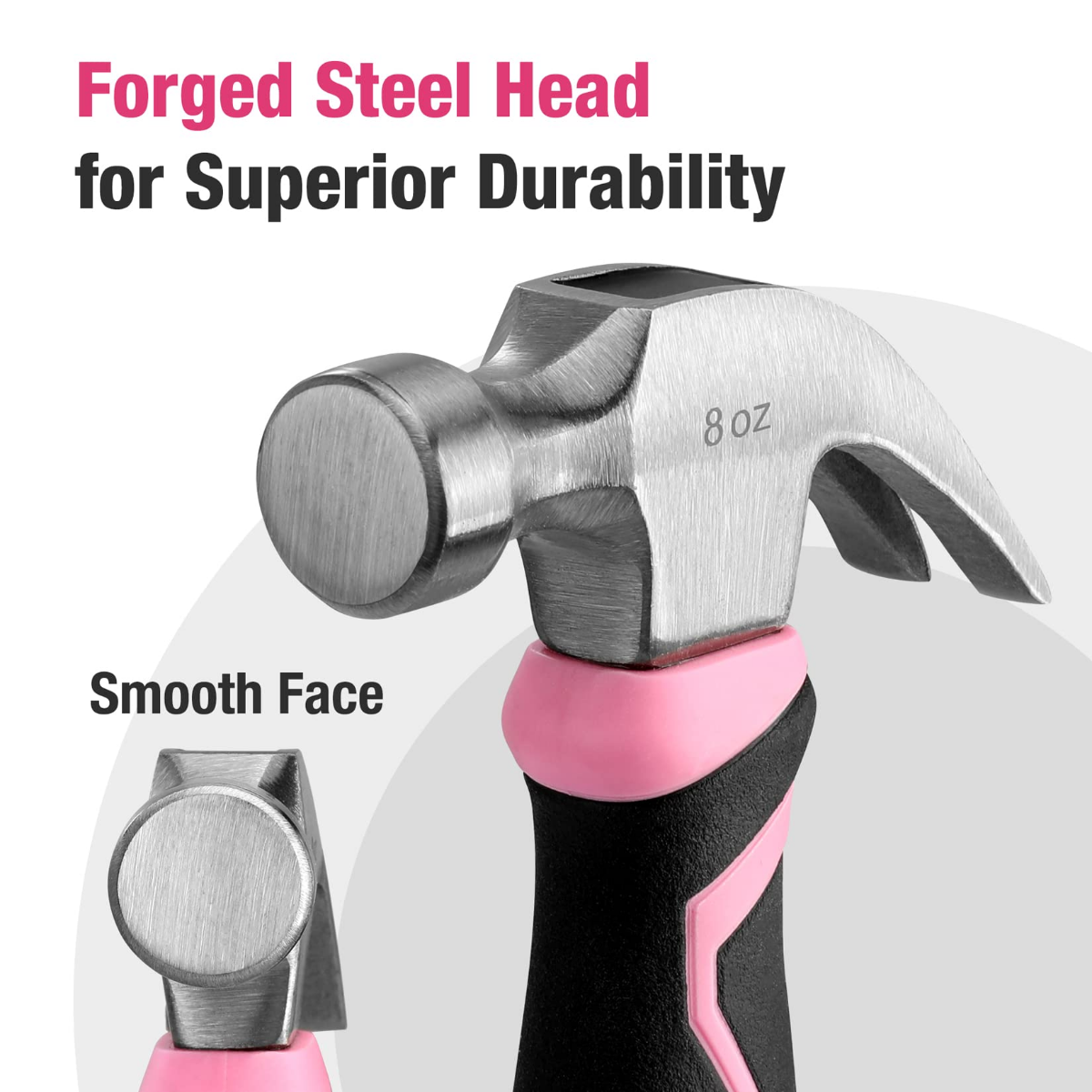 Forged steel claw hammer head with smooth face; black and pink fiberglass handle.
