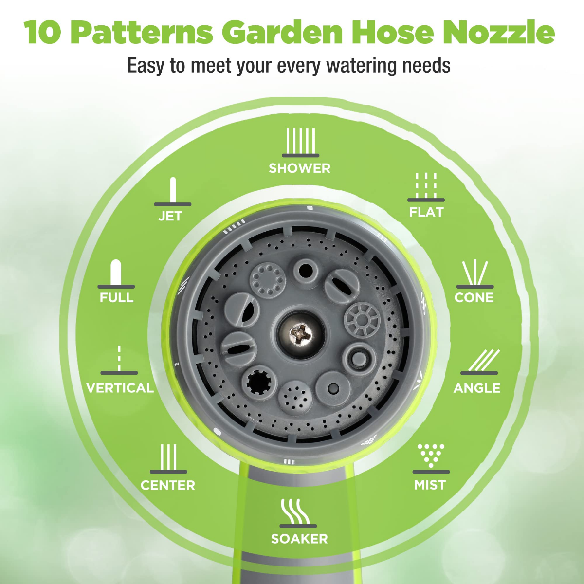 Nozzle sprayer pattern diagram showing 10 spray modes around a multi-hole head