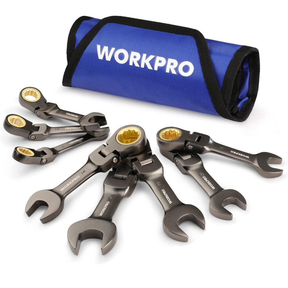 Stubby ratcheting combination wrench set with blue carry pouch and ratcheting wrench heads