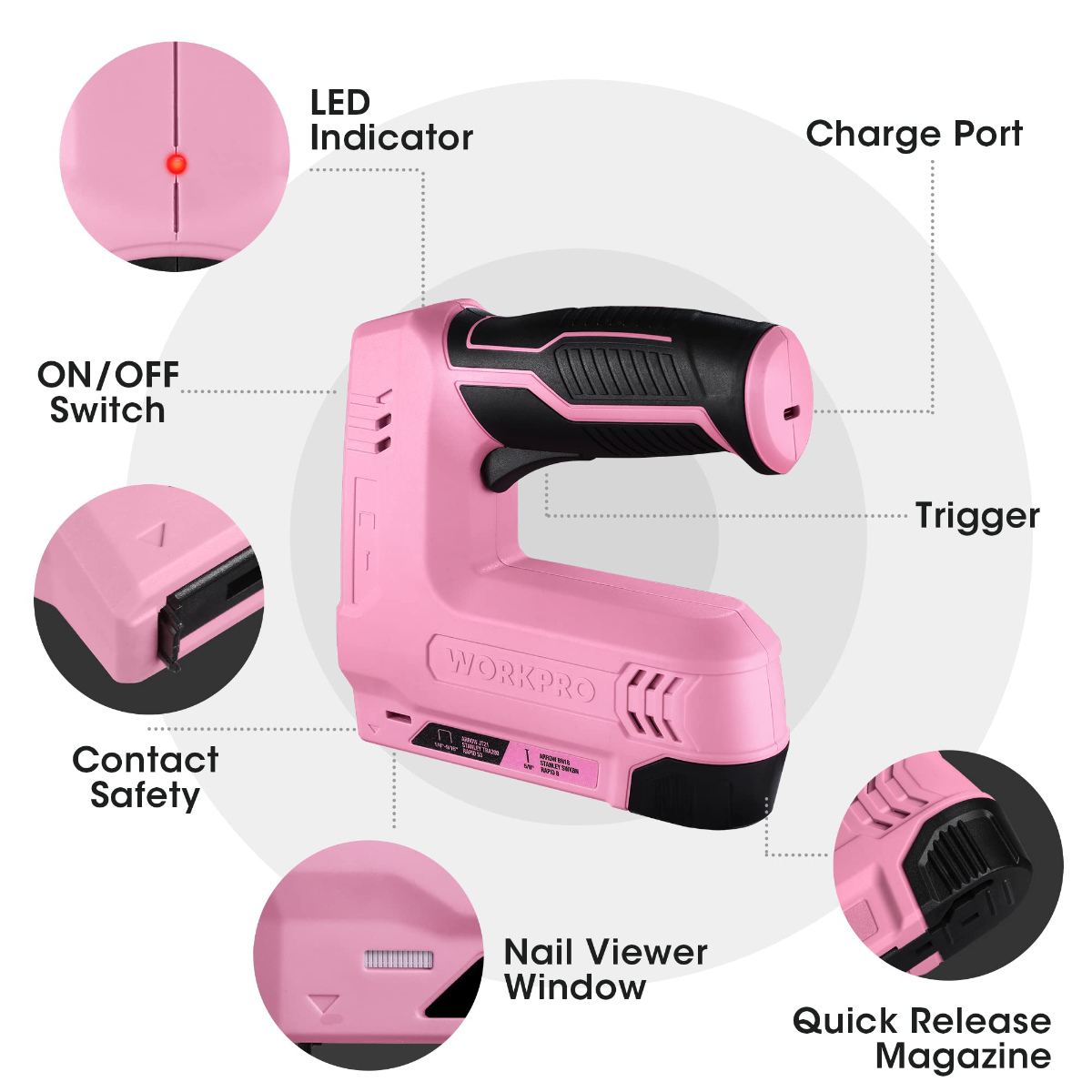 Pink cordless staple and nail gun with labeled controls: LED indicator, charge port, trigger