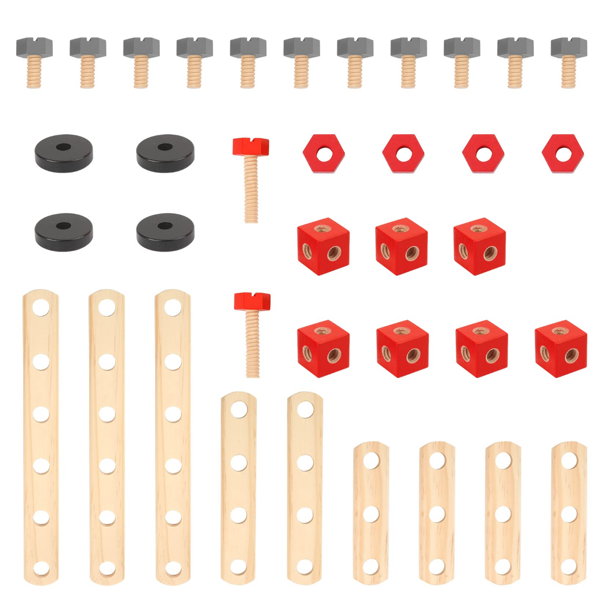 Wooden building toy tool kit set with hole boards, screws, and red connectors