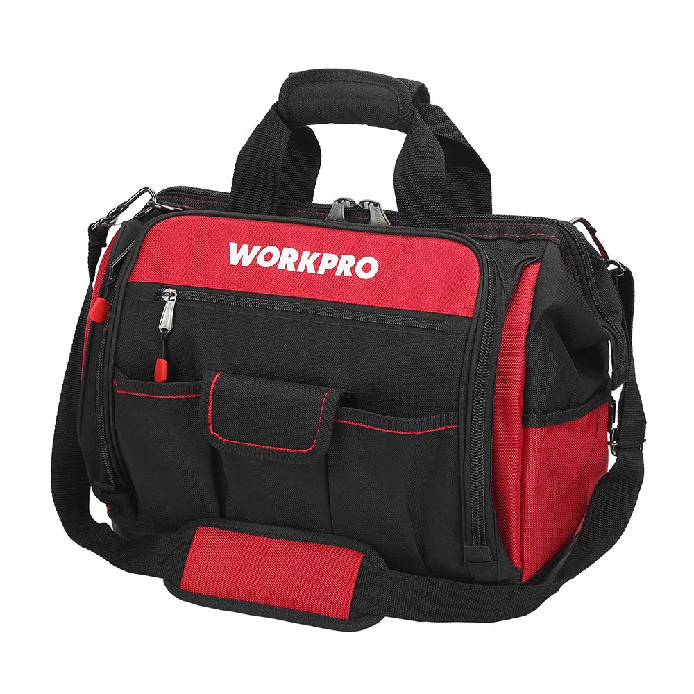 Red and black tool bag with wide top, multiple front pockets, and padded carry handle