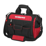 Red and black tool bag with wide top, multiple front pockets, and padded carry handle