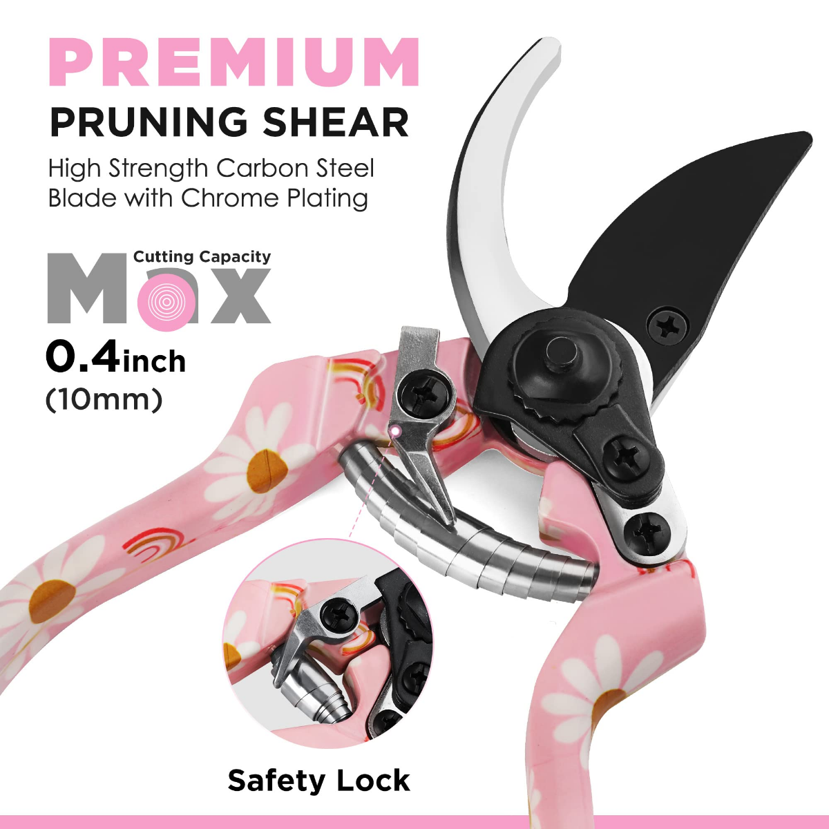 Pink floral pruning shear with black blade and safety lock mechanism