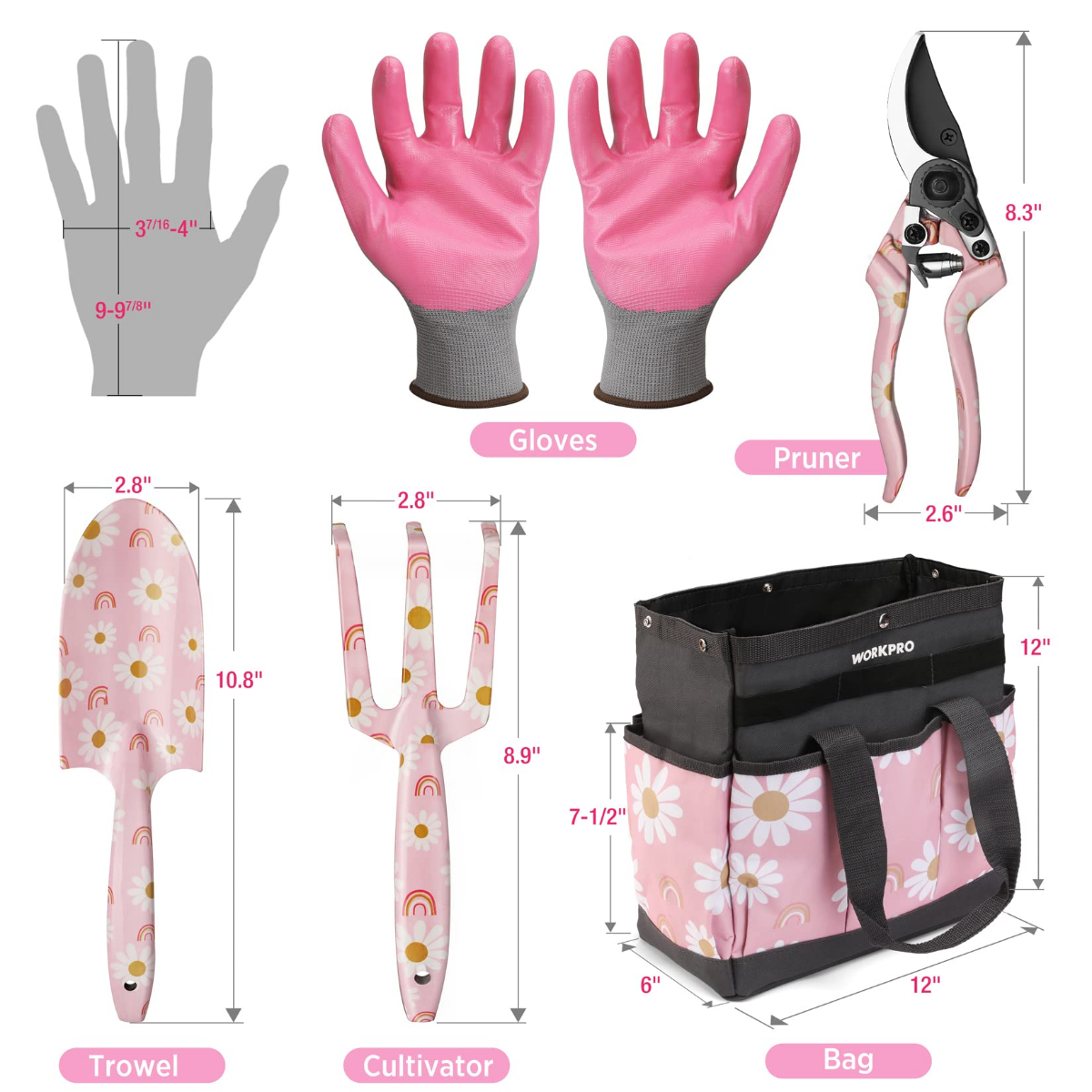 Pink floral gardening tools with sizes: gloves, pruning shears, trowel, cultivator, and bag