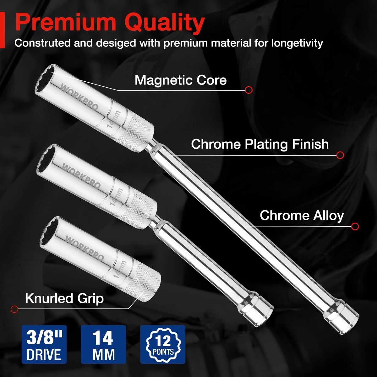Chrome spark plug socket extensions with knurled grip and magnetic swivel heads