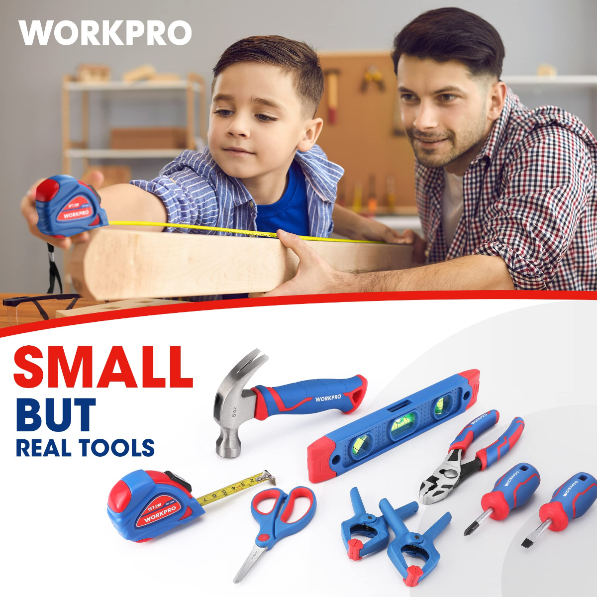 Kids blue tool set with hammer, tape measure, screwdriver, and wrench