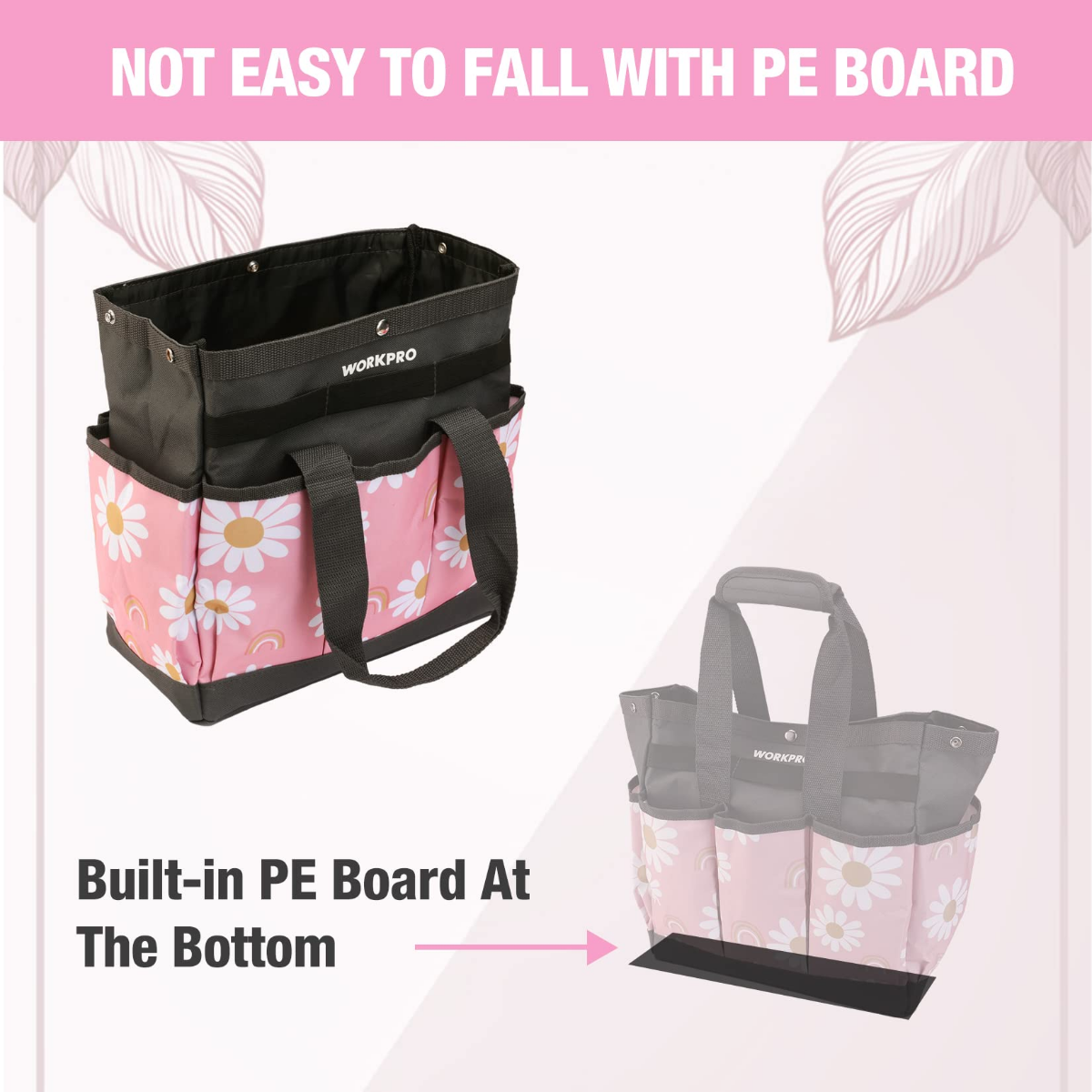 WORKPRO pink floral garden tool bag with black handles and reinforced bottom