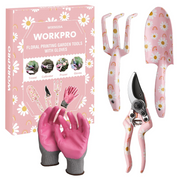 Pink floral printed 4-piece garden tool set with gloves and pruner
