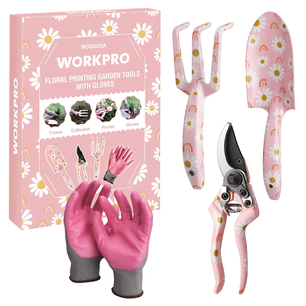 Pink floral printed 4-piece garden tool set with gloves and pruner