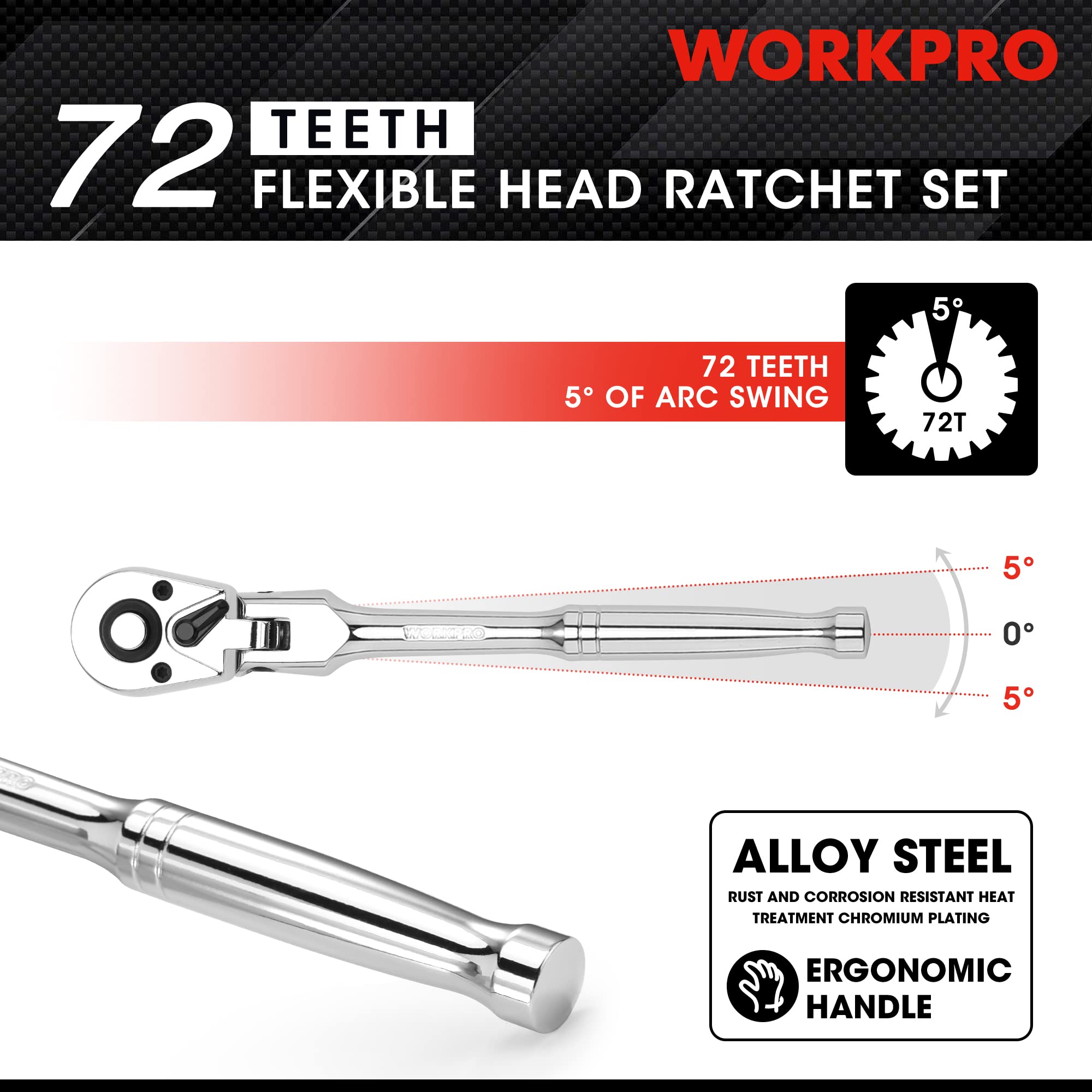 WORKPRO flex-head ratchet set with 72-tooth design and ergonomic chrome handle