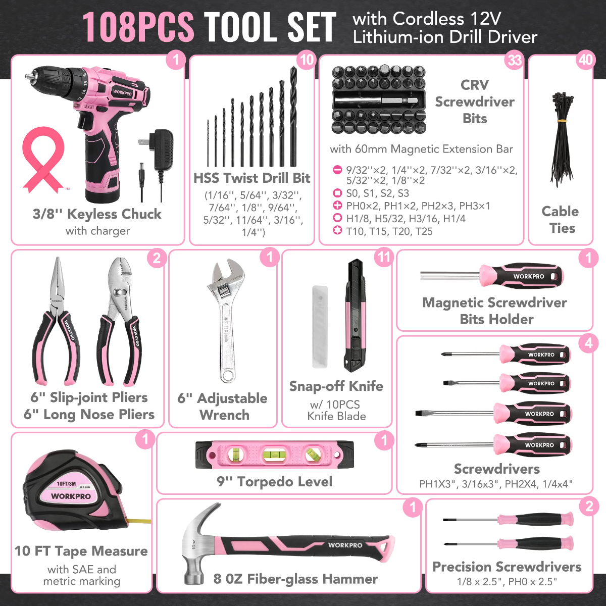 Pink cordless drill driver with keyless chuck and assorted bits, 108-piece tool set
