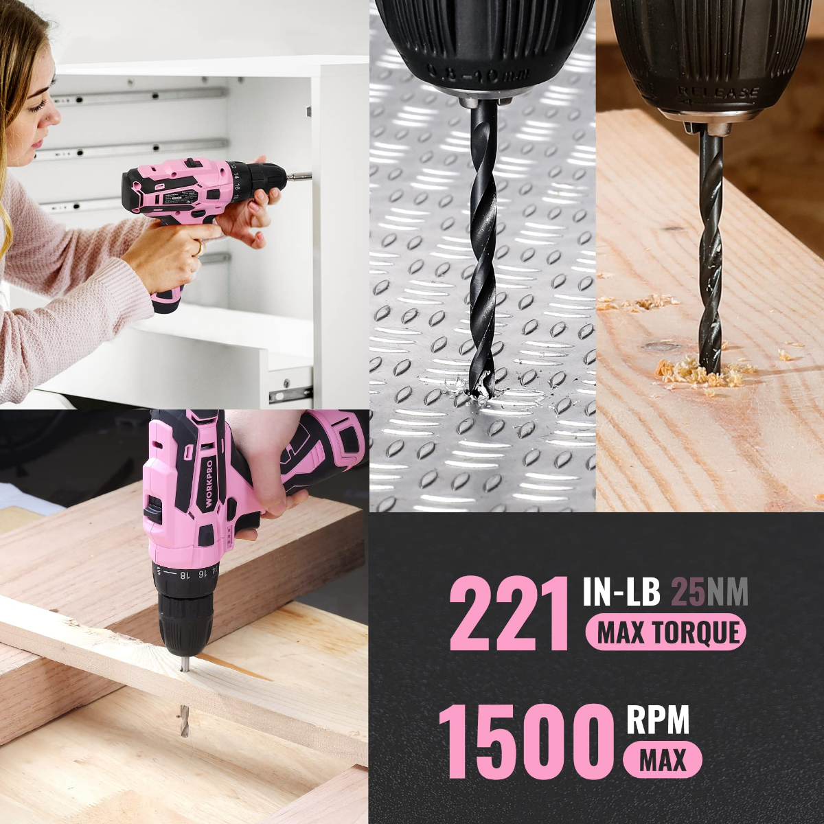 Pink cordless drill driver drilling into wood with installed drill bit