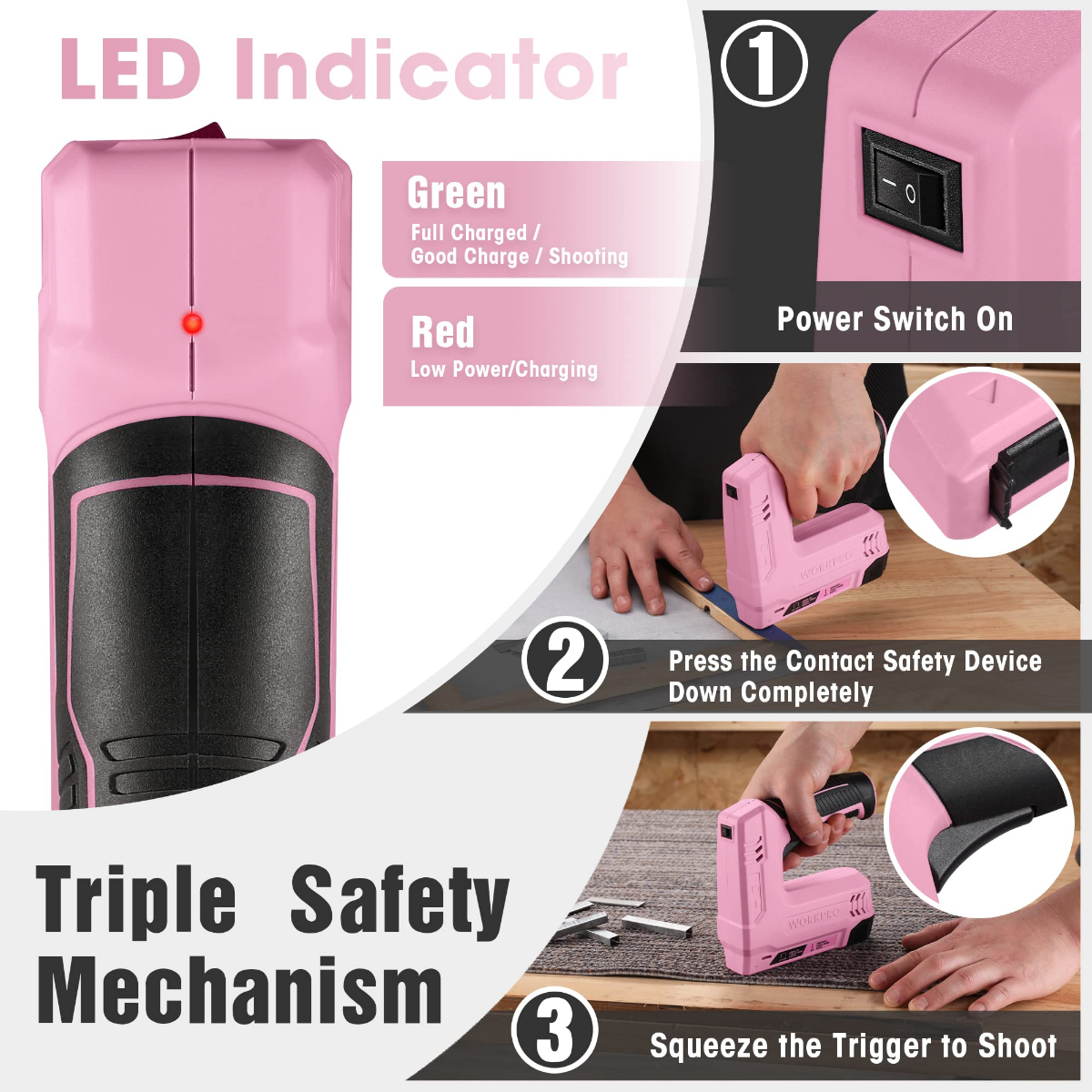 Pink cordless staple and nail gun showing LED indicator and power switch on the body