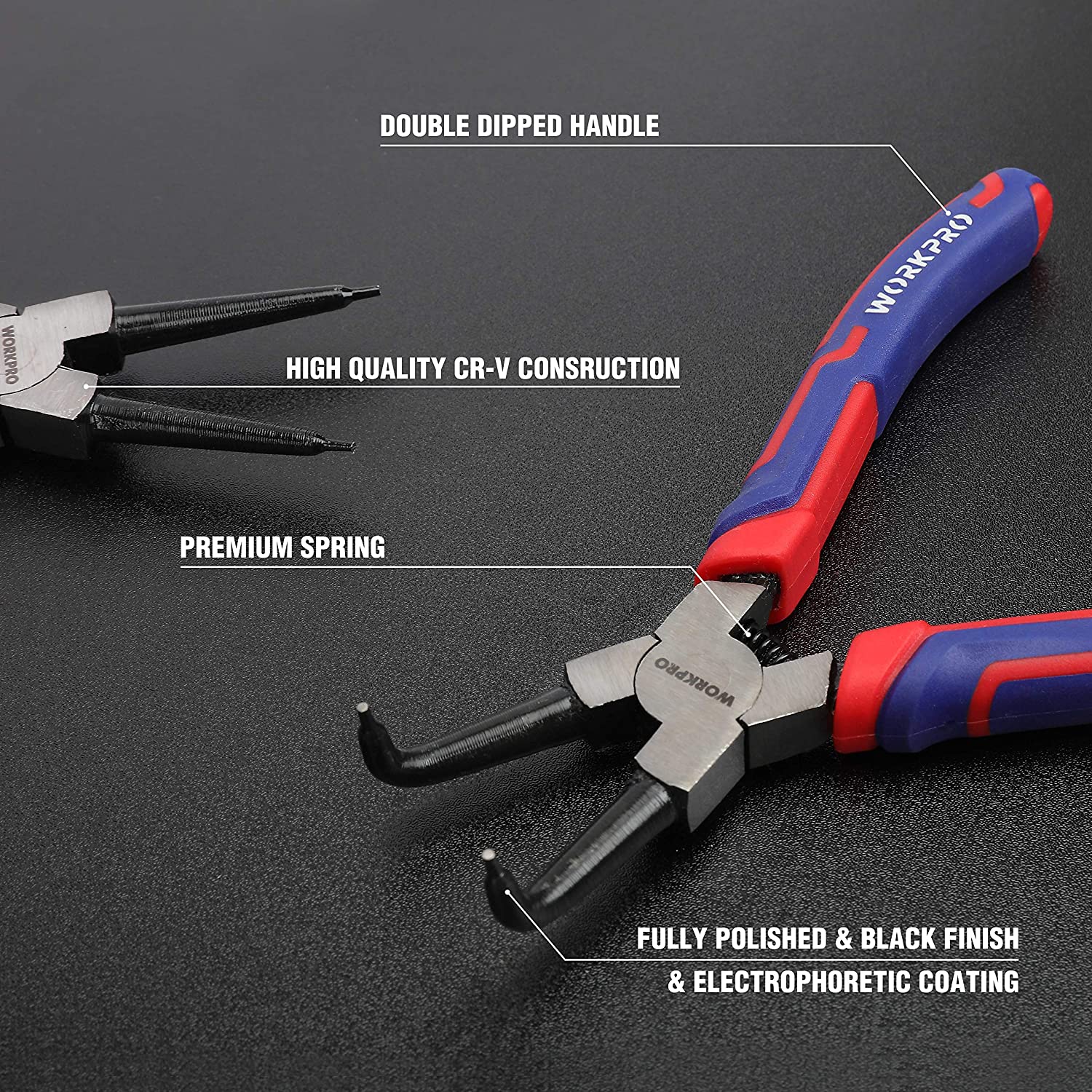 WORKPRO 4 Pcs Snap Ring Pliers Set with storage pouch, quality durable black finish and secure grip
