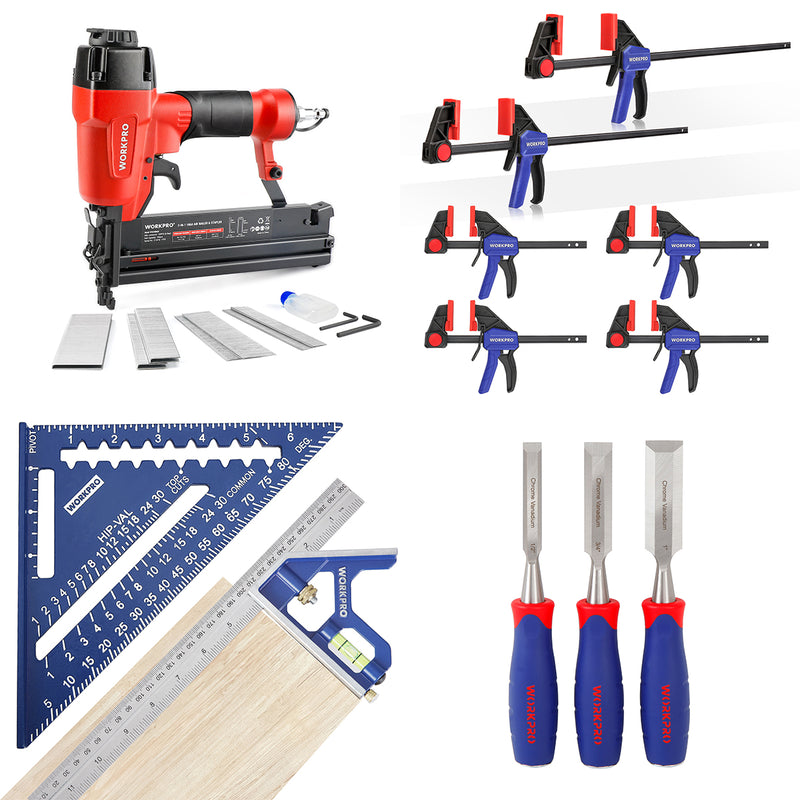 WORKPRO Pneumatic Brad Nailer 2 in 1 Nail Gun & 6 Pcs One-Handed Clamp Bar Clamps & Rafter Square and Combination Square Tool Set & 3 Pcs Wood Chisel Set