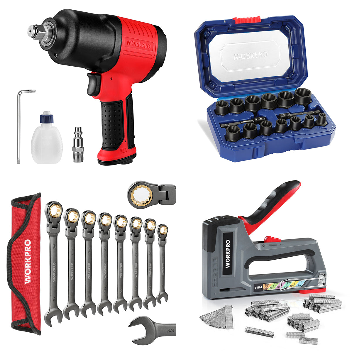 Air impact wrench and staple gun tool kit with sockets, wrenches, and adapters