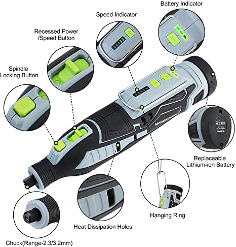 WORKPRO 12V cordless rotary tool with control buttons, battery indicator, and hanging ring