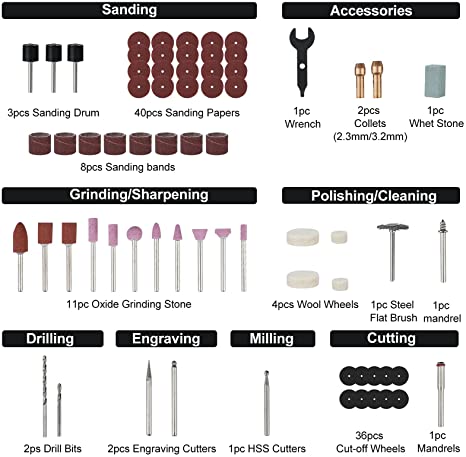 Rotary tool accessory set with sanding drums, grinding stones, polishing pads, and drill bits