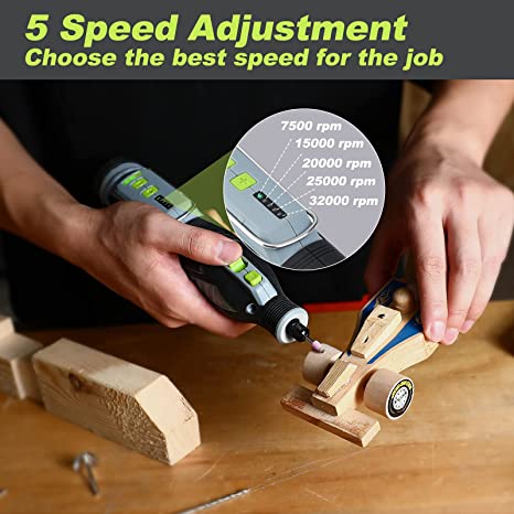 12V rotary tool in use on wood with adjustable speed dial and multiple rpm settings