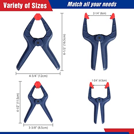 Blue staple gun with red handle and size comparison for different jaw openings