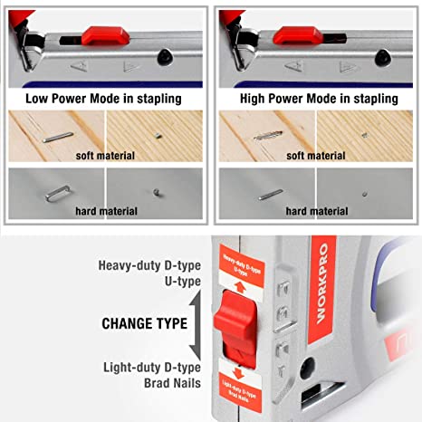 WORKPRO staple gun showing low vs high power modes and D-type staple nose