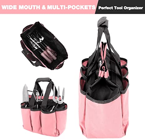 Pink garden tool tote bag with black interior and front multi-pocket organizer