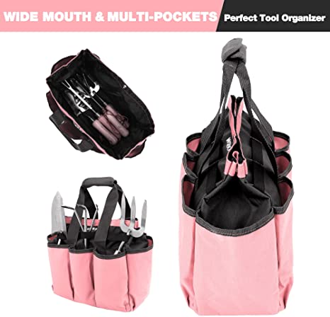 WORKPRO Garden Tool Bag, Garden Tote Storage Bag with 8 Pockets, Home Organizer for Indoor and Outdoor Gardening - Pink Ribbon