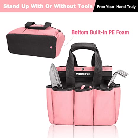 Pink garden tool organizer tote bag with black handles, tools in pockets, foam base