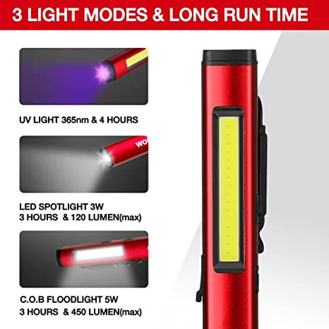 Red UV/LED pen flashlight with bright yellow window and side switch
