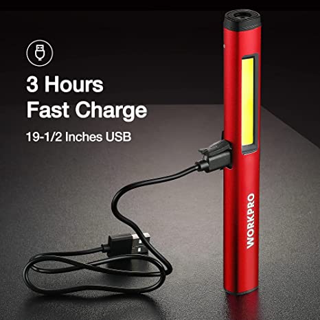 Red LED pen light with yellow beam and connected USB charging cable