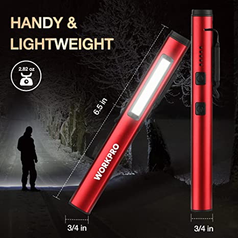 Red LED pen flashlight angled view with bright white beam and compact size marks