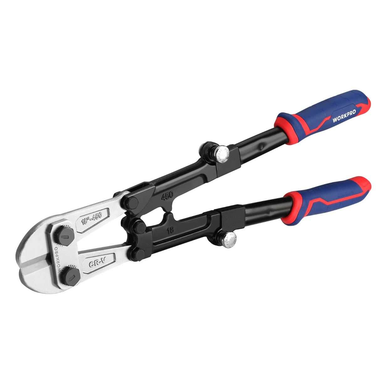 WORKPRO bolt cutter with black jaws and blue/red comfort grip handles