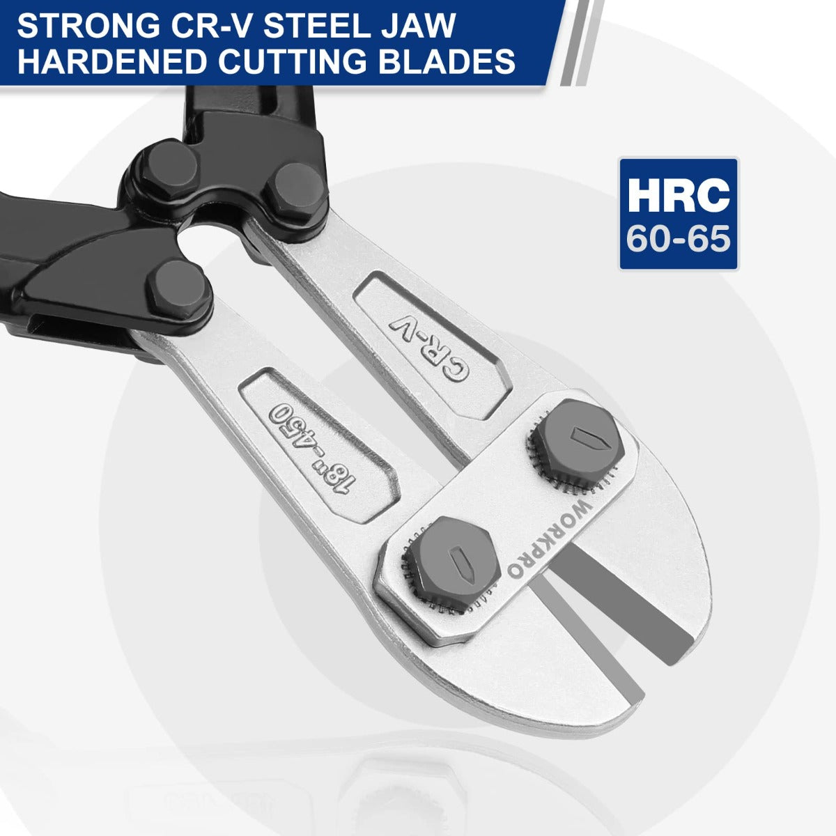 Bolt cutter jaw set with silver cutting blades and black hinge parts