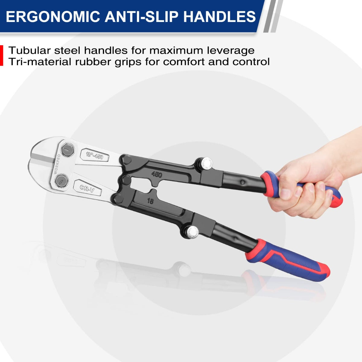 Bolt cutter with anti-slip tri-material handles in red, blue, and black