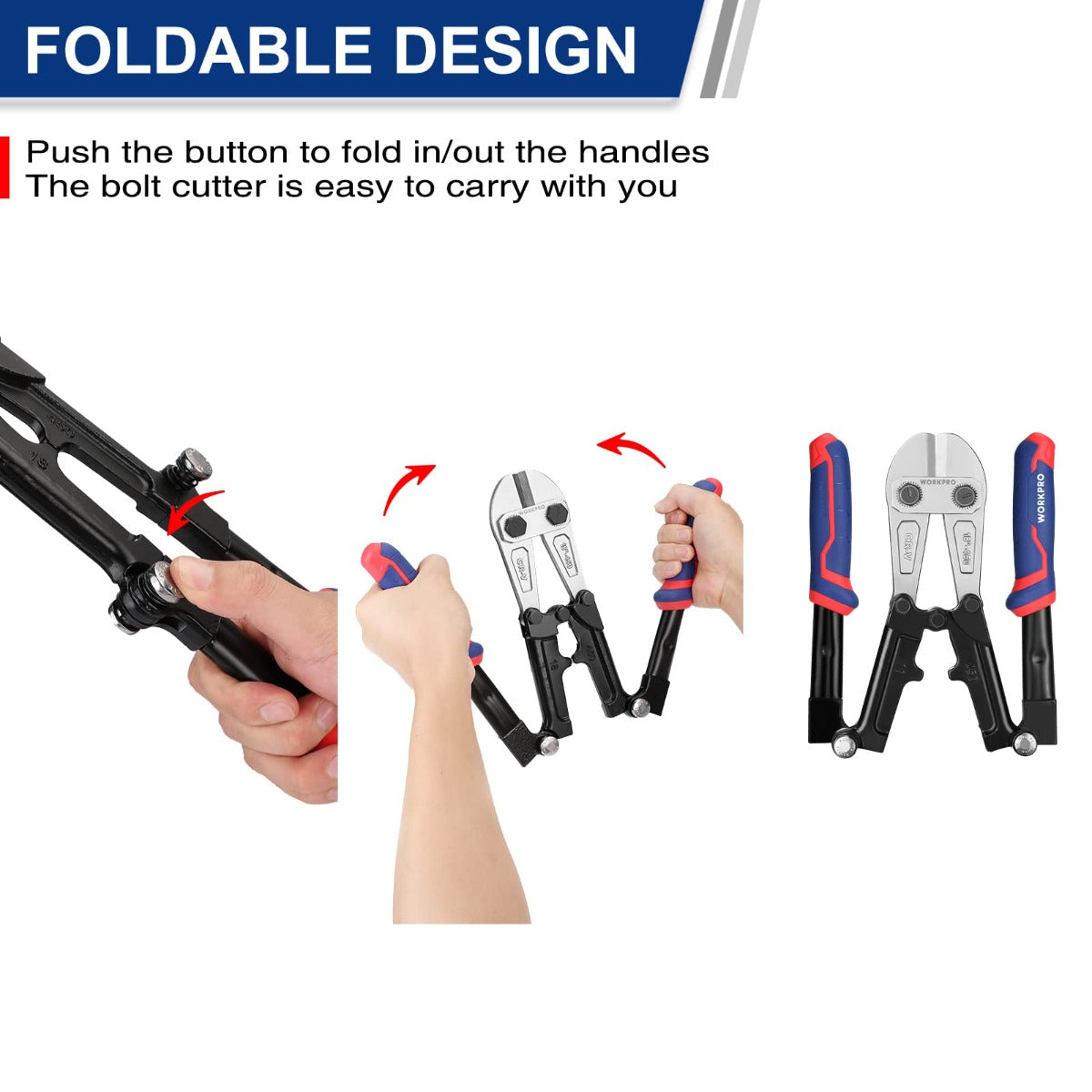 Foldable bolt cutter with push-to-fold handles, red/blue grips, black body