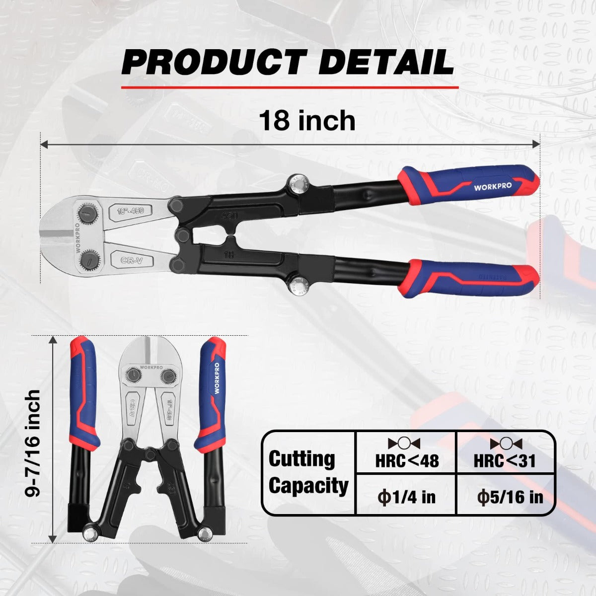 18 in bolt cutter with red/blue handle grips and black cutting head