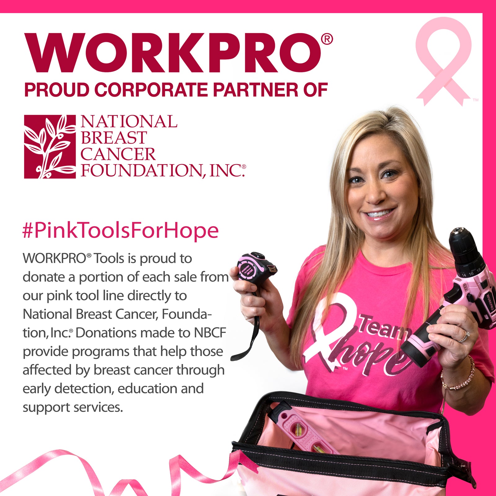 Pink tool kit and bag with a woman holding a small pink precision tool