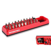 WORKPRO magnetic hex bit organizer, red base with rows of metal hex bits