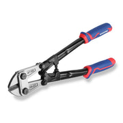Bolt cutter with black cutting head and red/blue comfort grip handles