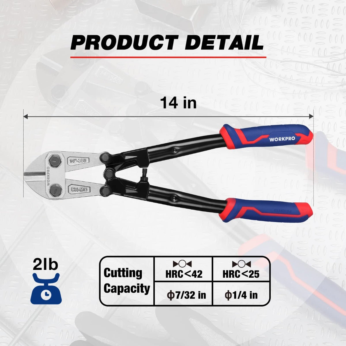 14 in bolt cutter with black jaws and red/blue ergonomic handles
