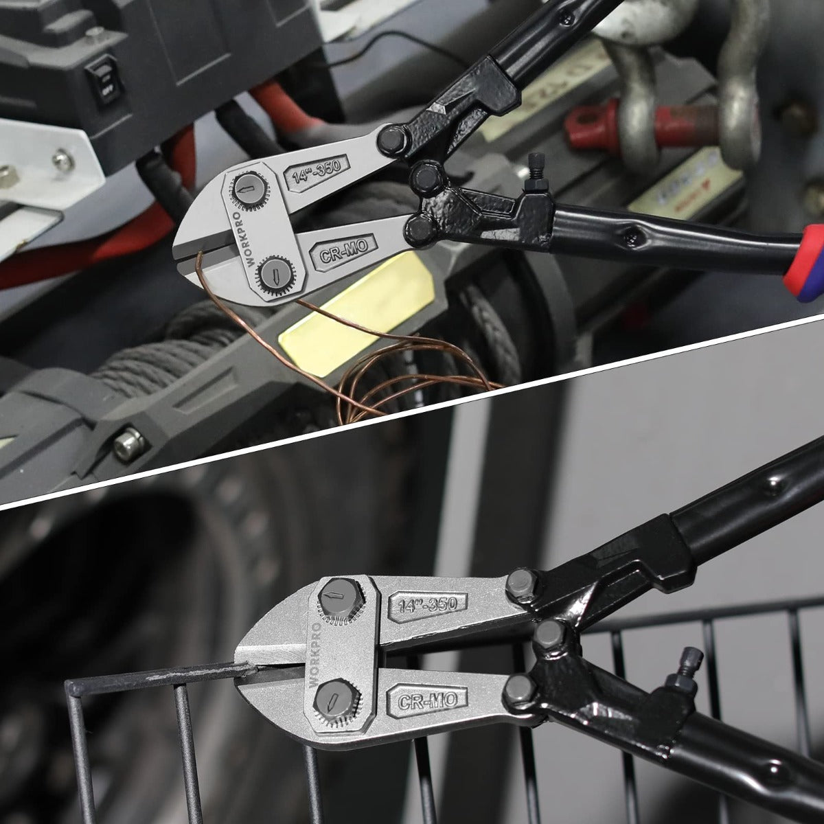 Close-up of bolt cutter jaws and cutting area on metal hardware