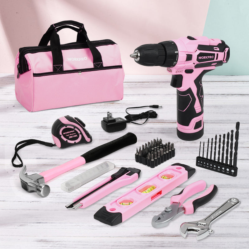 WORKPRO 12V Cordless Drill and Home Tool Kit with 14-inch Storage Bag