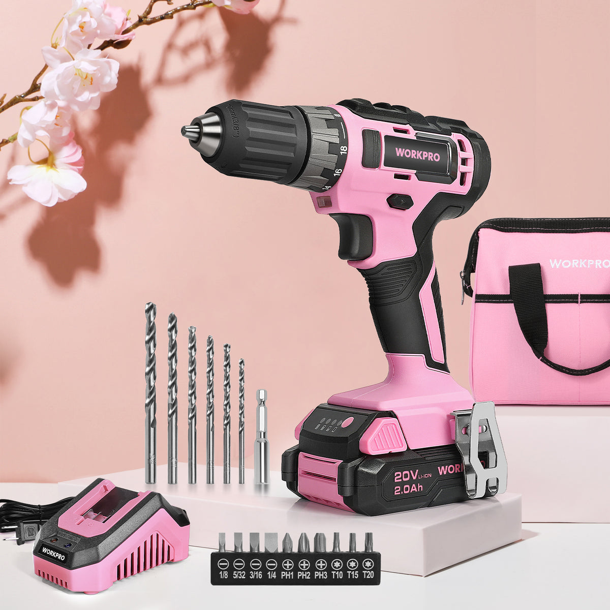 Workpro 20V Pink Cordless Drill Driver Set, 3/8” Keyless Chuck, 2.0 Ah Li-Ion Battery, 1 Hour Fast Charger and 11-inch Storage Bag Included