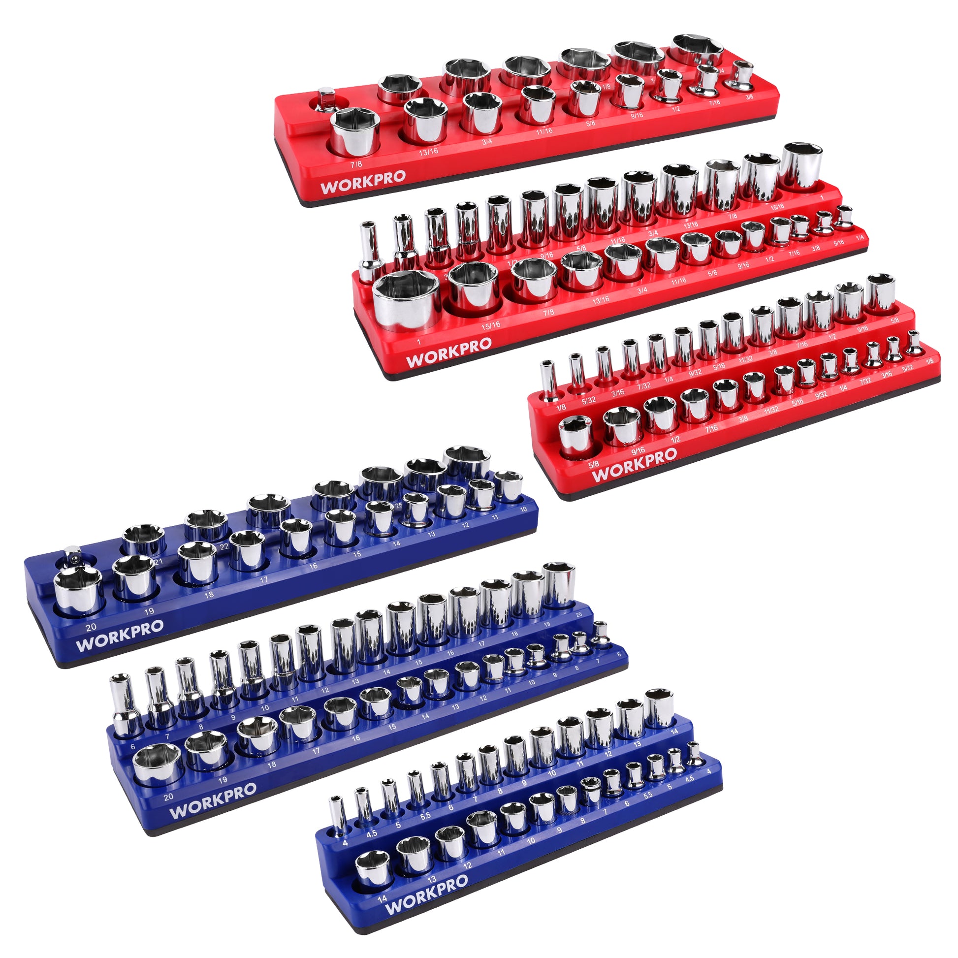 Magnetic socket organizer set featuring 6 trays in red and blue with socket slots