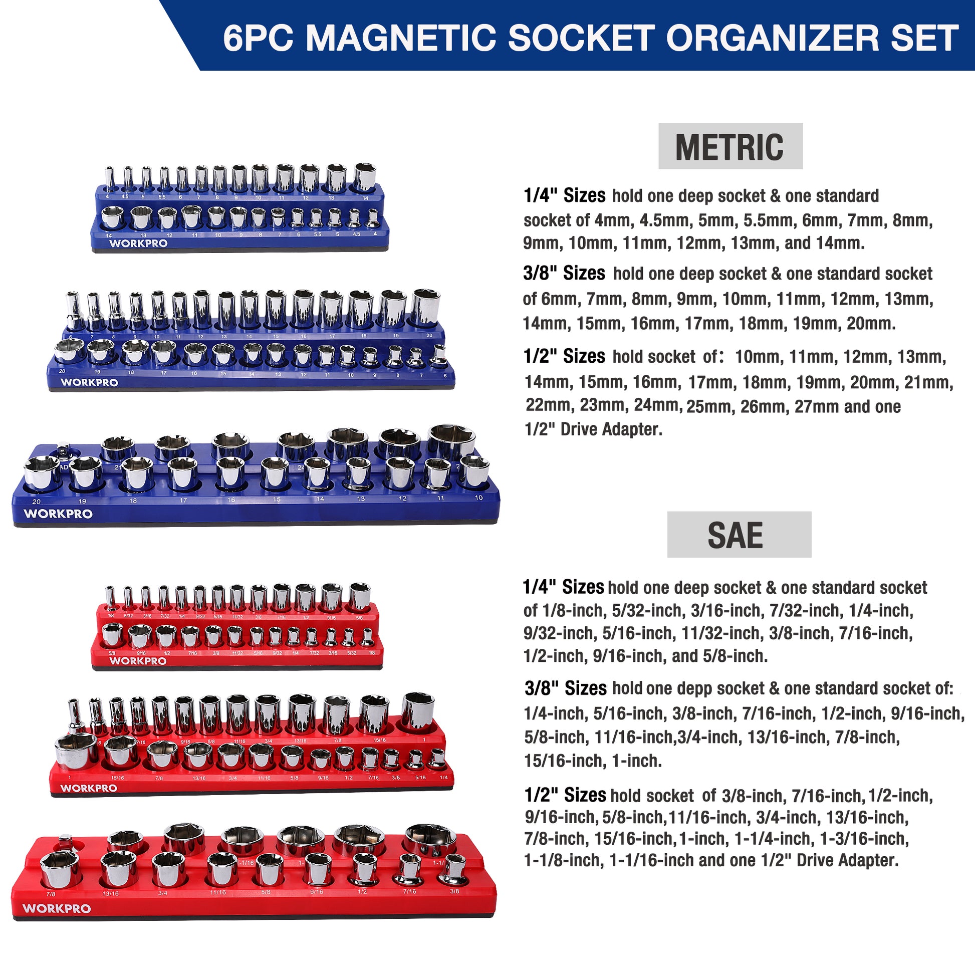 6-piece magnetic socket organizer set with red and blue metric and SAE trays